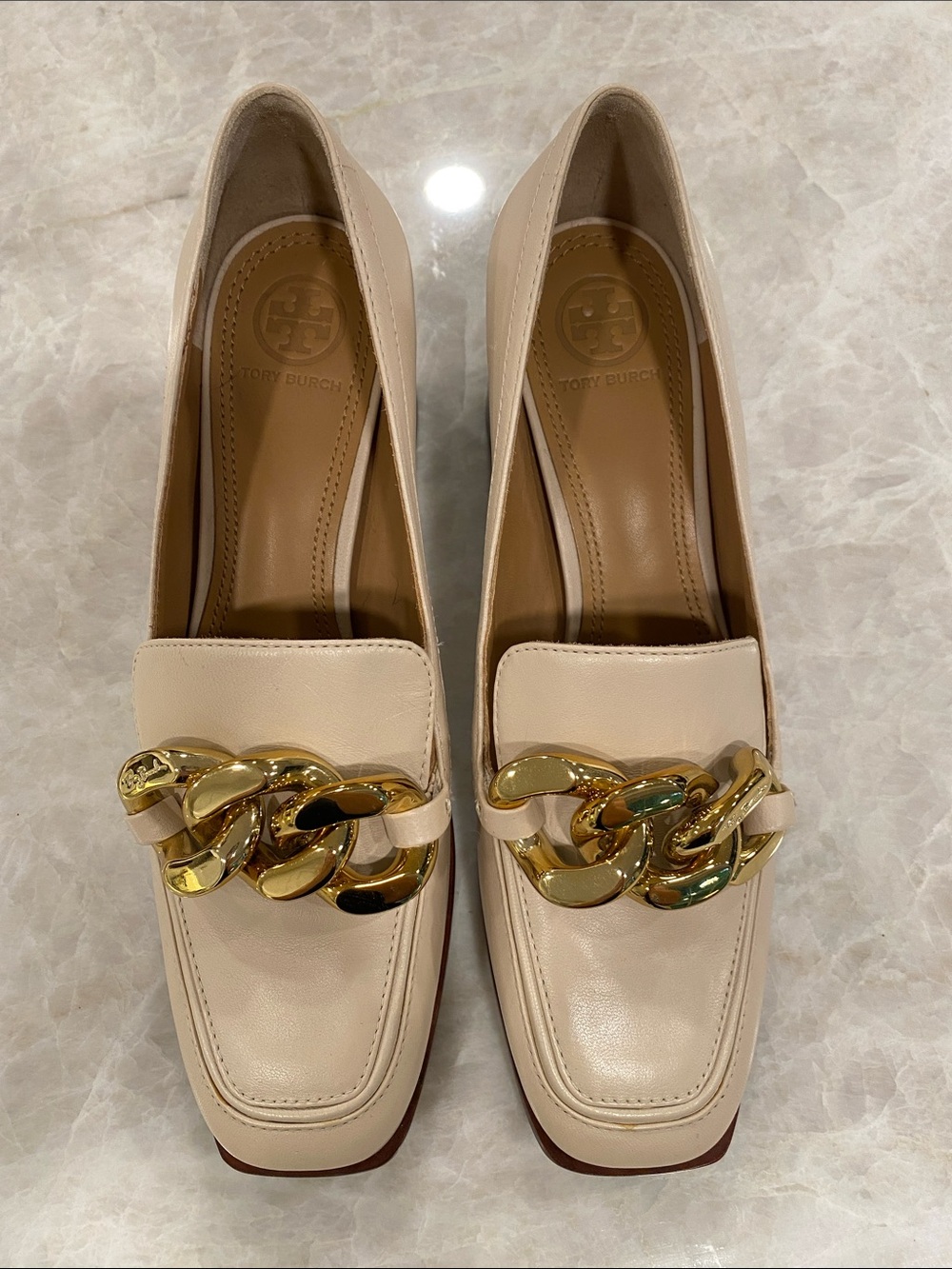 Tory Burch Adrien Cream Leather Loafers with Gold Chain